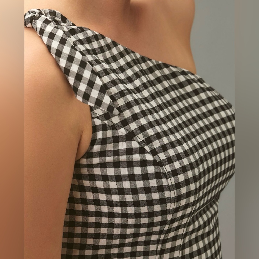 Anthropologie One-Shoulder Black Gingham Midi Dress Size Small - Picture 5 of 5